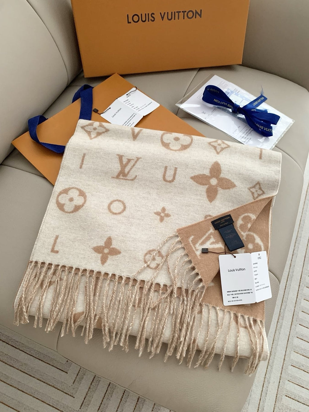 Louis Vuitton Beige Ivory Fringed Scarf