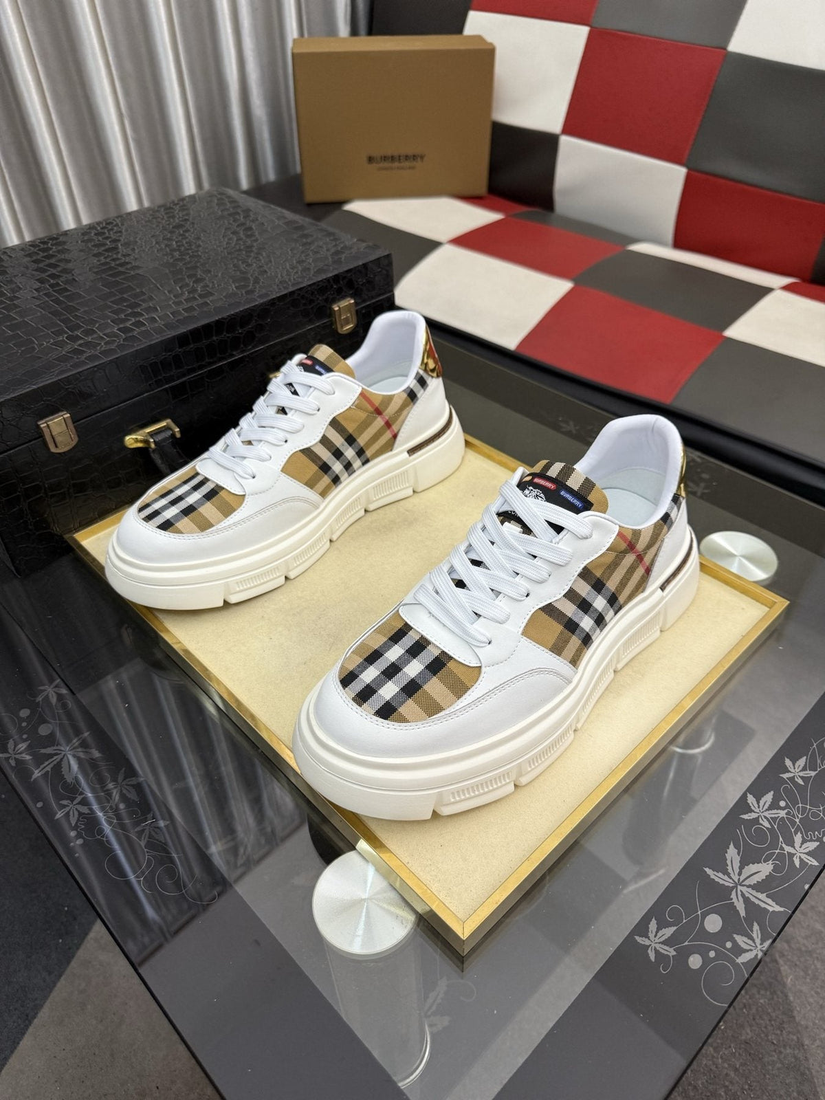 Burberry Men's Plaid Panel Sneakers - Layered Upper Details